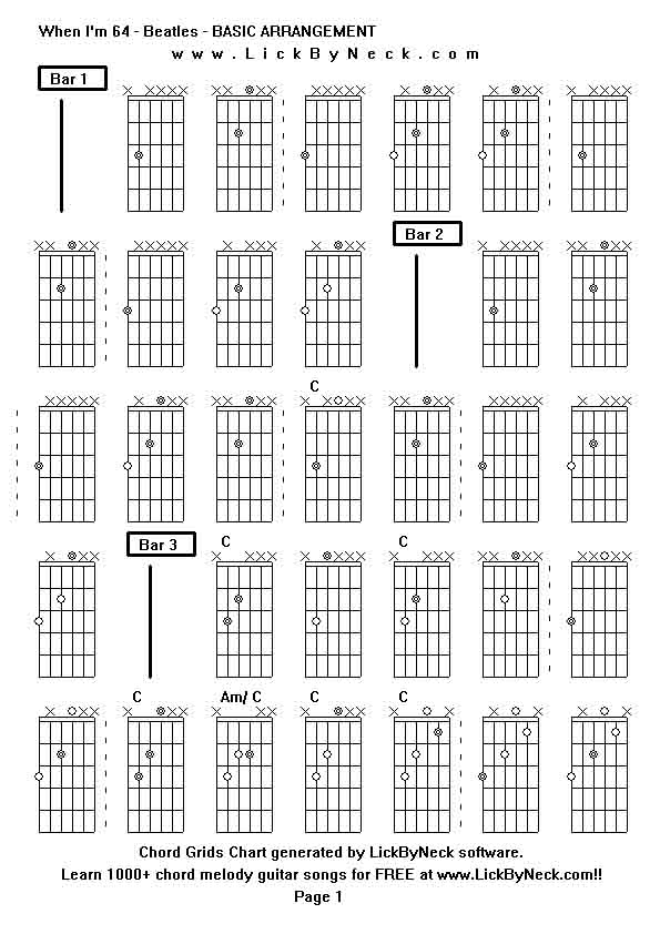 Chord Grids Chart of chord melody fingerstyle guitar song-When I'm 64 - Beatles - BASIC ARRANGEMENT,generated by LickByNeck software.